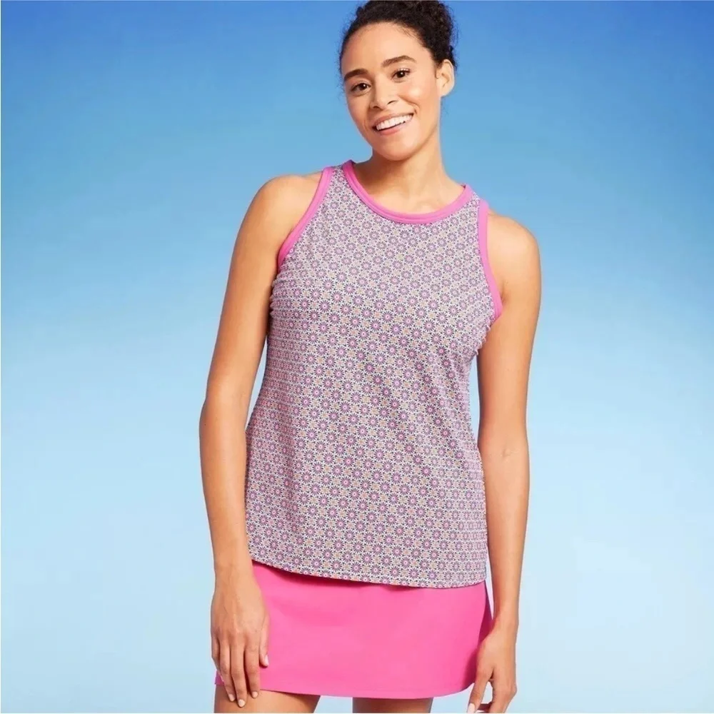 Lands’ End Women’s UPF 50 Pink Geo Print High Neck Tankini Top  XL NWT